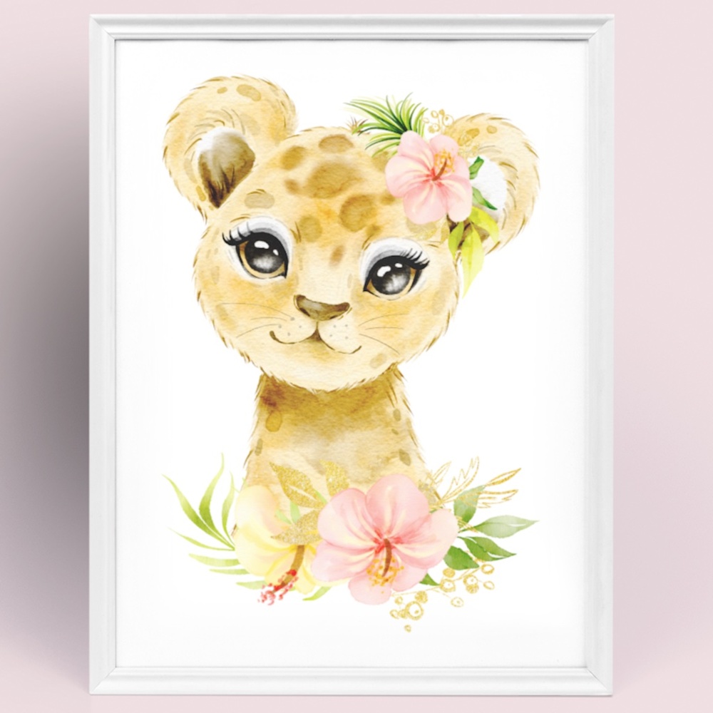 Cute Watercolor Floral Leopard Wall Art Print Poster Unframed - Picture 1 of 9